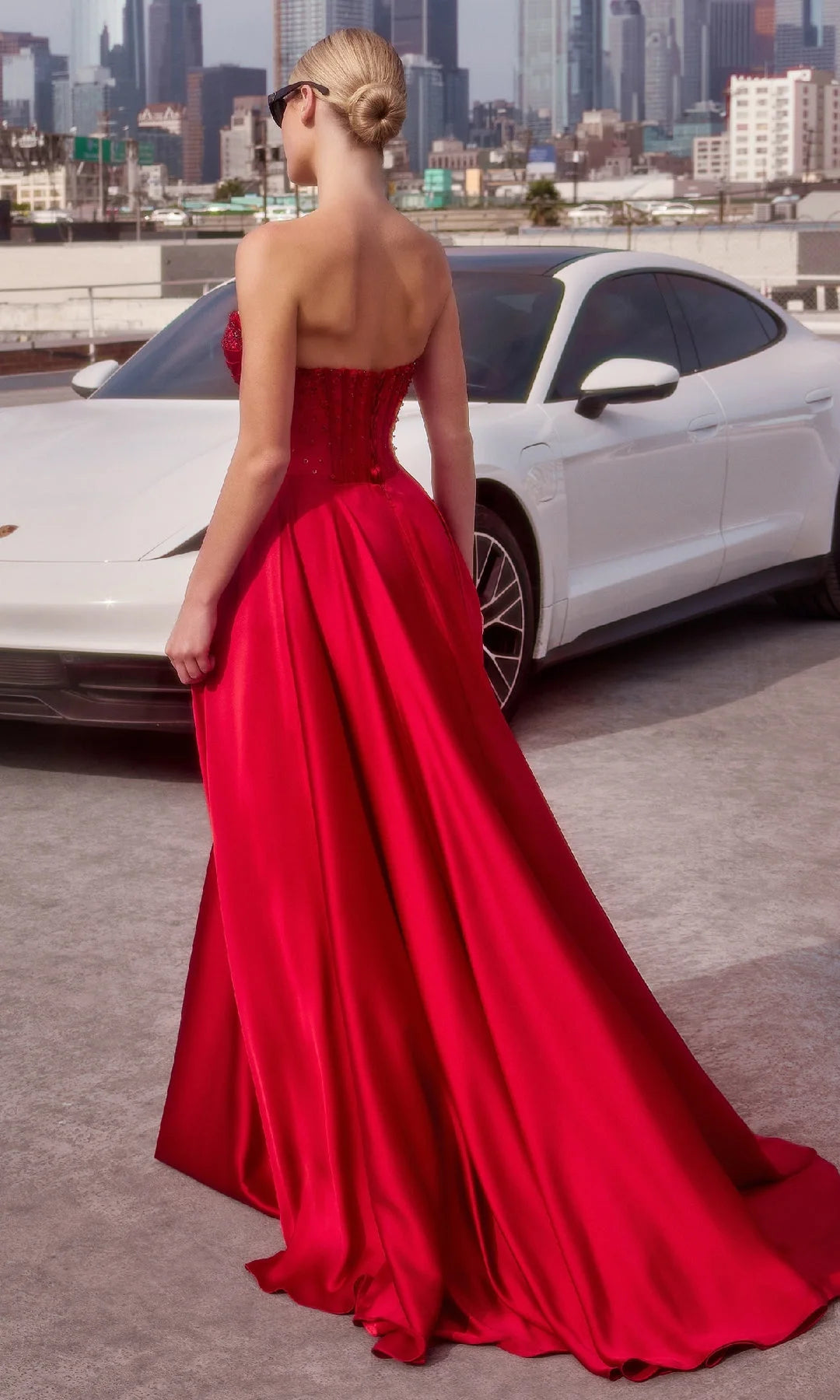 Elegant A-Line Sweetheart Strapless Beaded Slit Red Floor-Length Prom Dresses Women's Gown