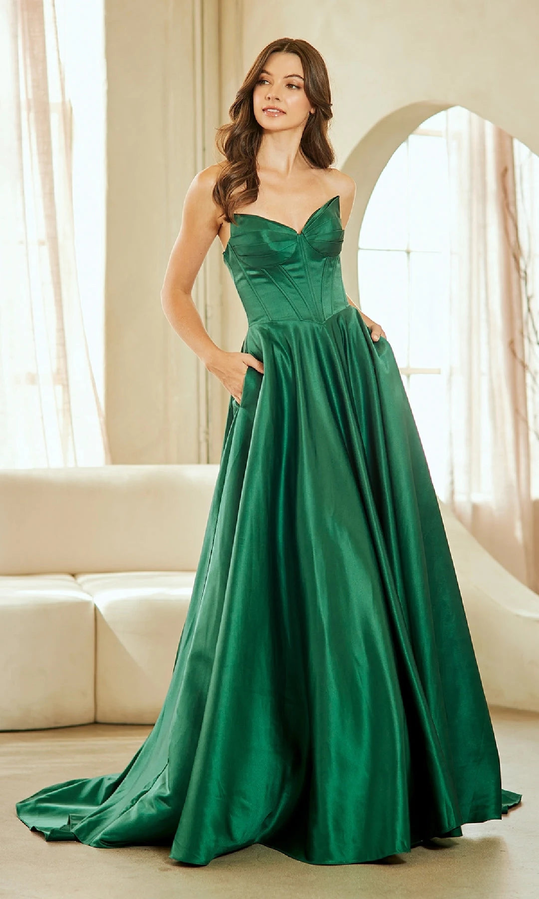 Elegant A-Line Sweetheart Strapless Corset Pocket Green Long Prom Dresses Women Gown