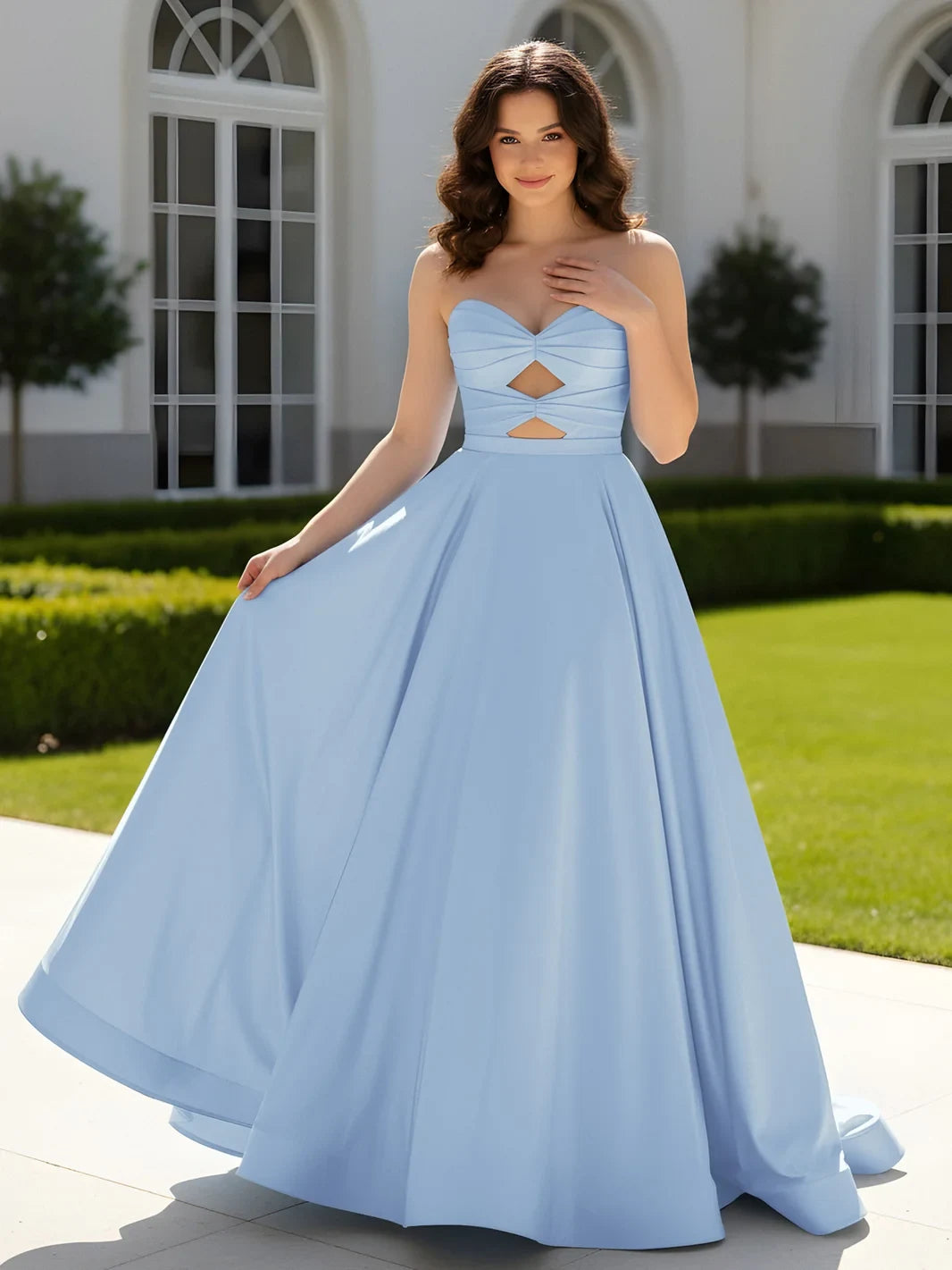 Elegant A-Line Sweetheart Strapless Cutout Sky Blue Floor-Length Prom Dress Gown