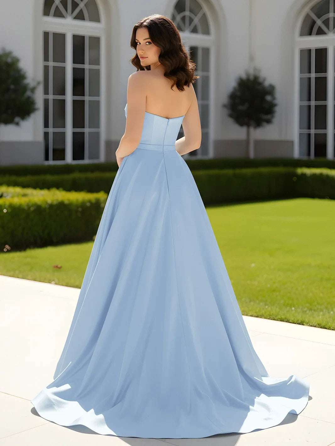 Elegant A-Line Sweetheart Strapless Cutout Sky Blue Floor-Length Prom Dress Gown