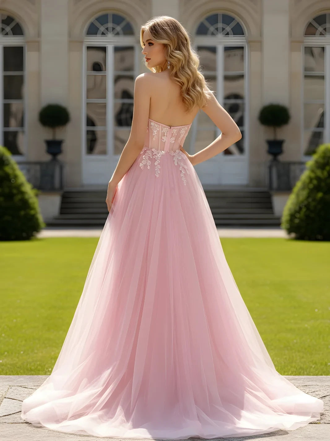 Elegant A-Line Sweetheart Strapless Floral Applique Pink Floor-Length Prom Dress Gown