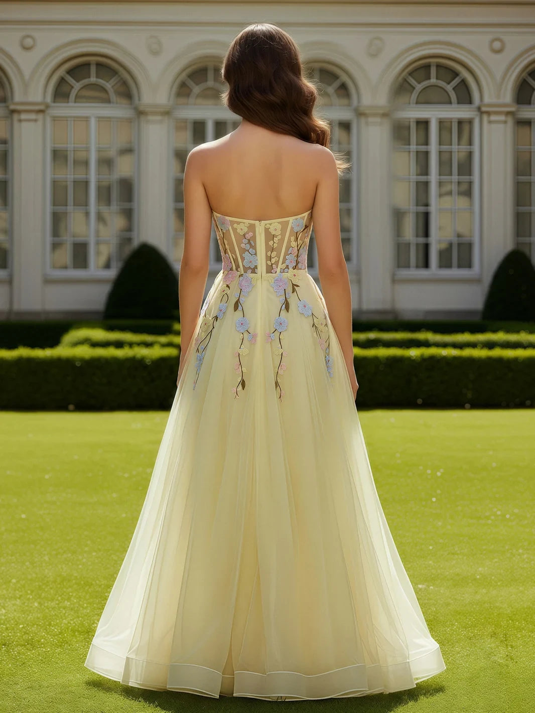 Elegant A-Line Sweetheart Strapless Floral Pastel Yellow Floor-Length Prom Dress