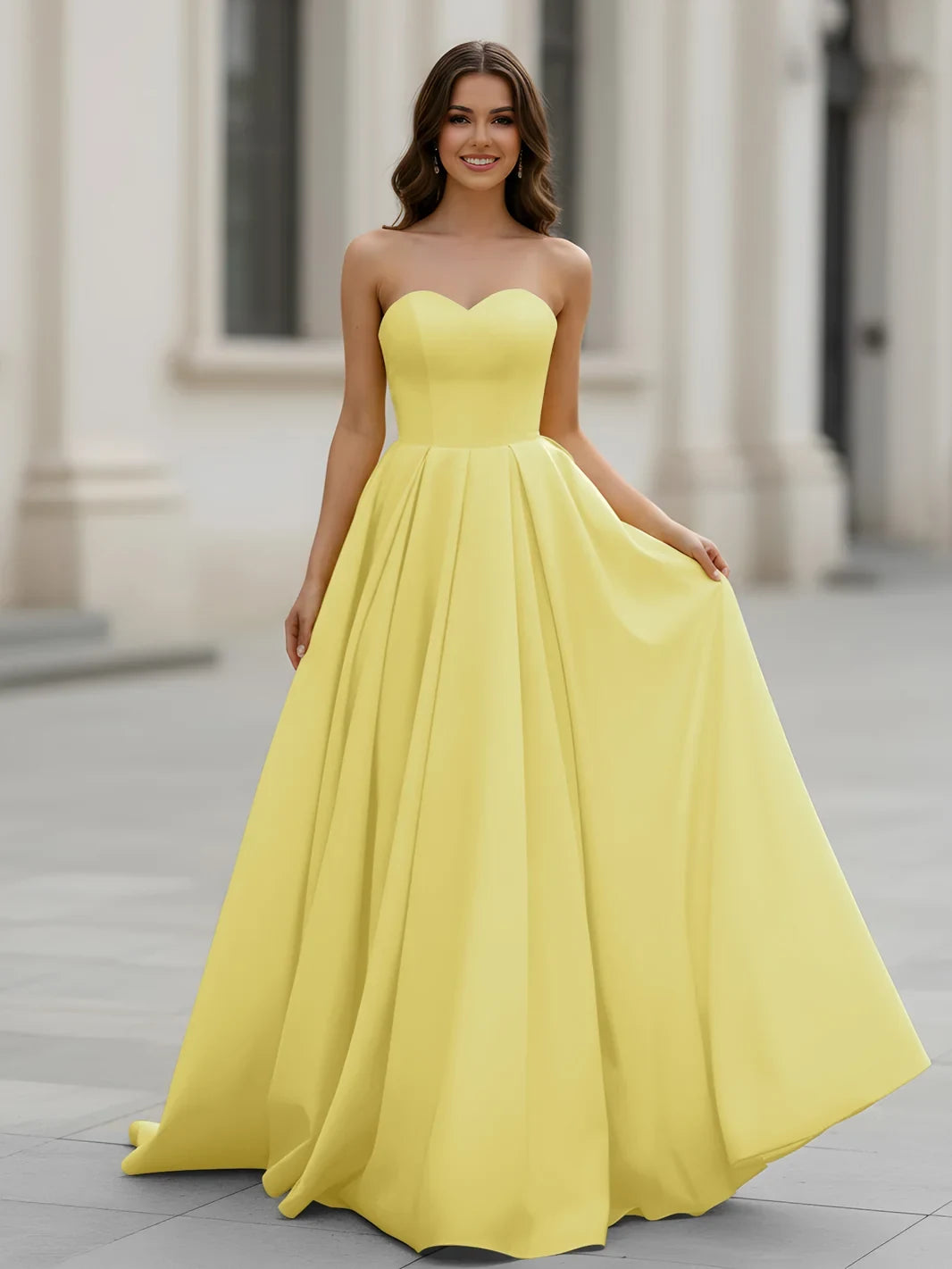 Elegant A-Line Sweetheart Strapless Pleated Daffodil Yellow Floor-Length Prom Dress