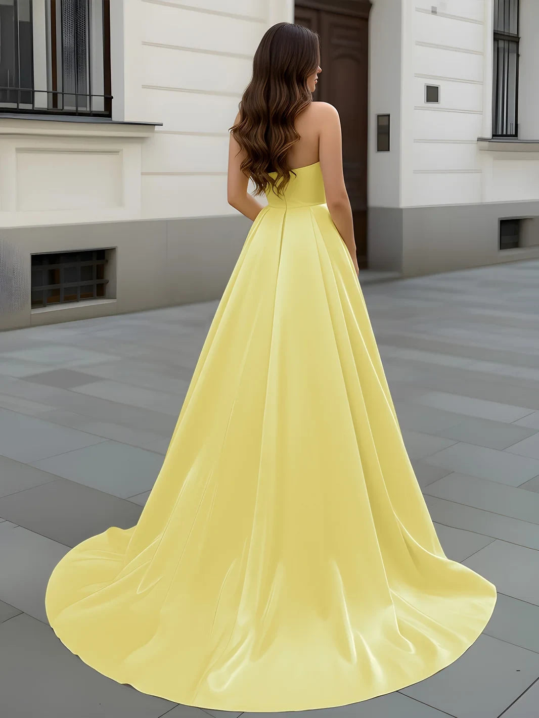 Elegant A-Line Sweetheart Strapless Pleated Daffodil Yellow Floor-Length Prom Dress