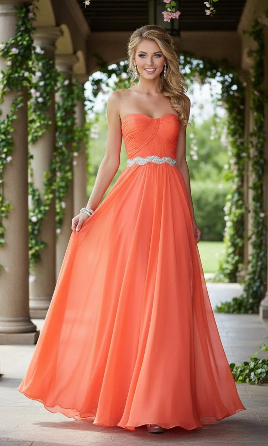 Elegant A-Line Sweetheart Strapless Ruched Beaded Coral Long Prom Dresses Gown