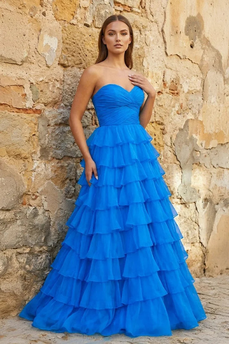 Elegant A-Line Sweetheart Strapless Ruffled Royal Blue Floor-Length Prom Gown