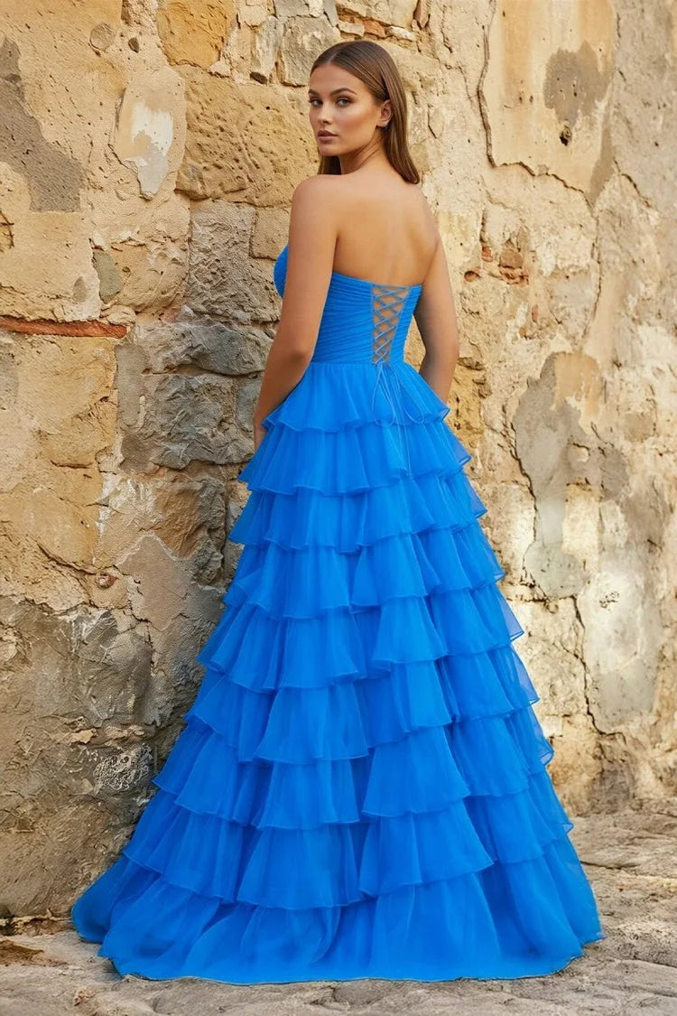 Elegant A-Line Sweetheart Strapless Ruffled Royal Blue Floor-Length Prom Gown