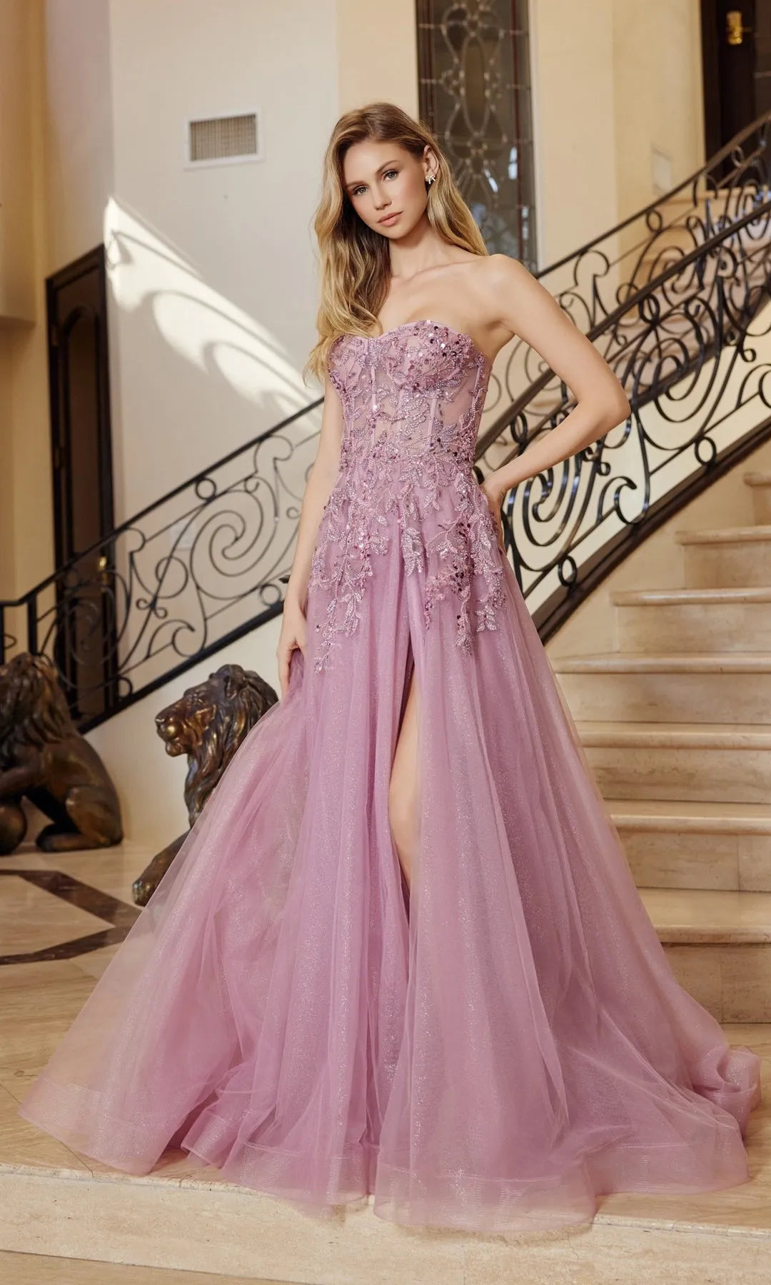 Elegant A-Line Sweetheart Strapless Sequin Slit Lilac Long Prom Dresses Women