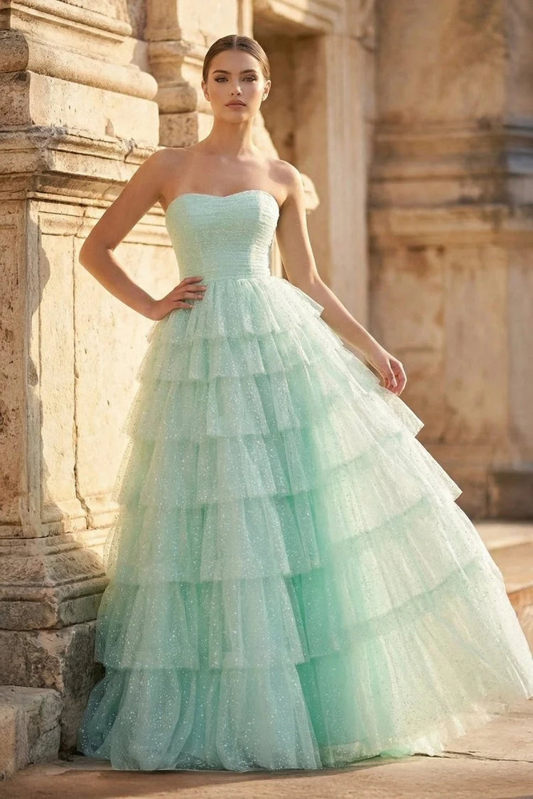 Elegant A-Line Sweetheart Strapless Tiered Glitter Mint Green Floor-Length Prom Gown