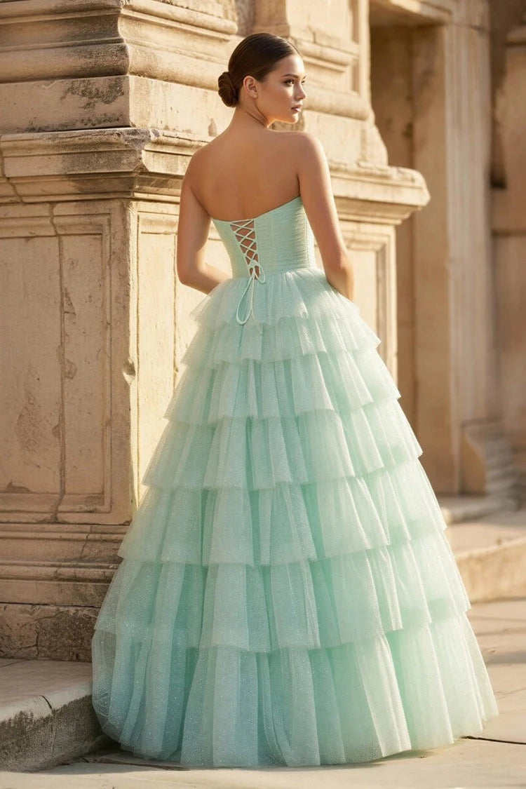 Elegant A-Line Sweetheart Strapless Tiered Glitter Mint Green Floor-Length Prom Gown