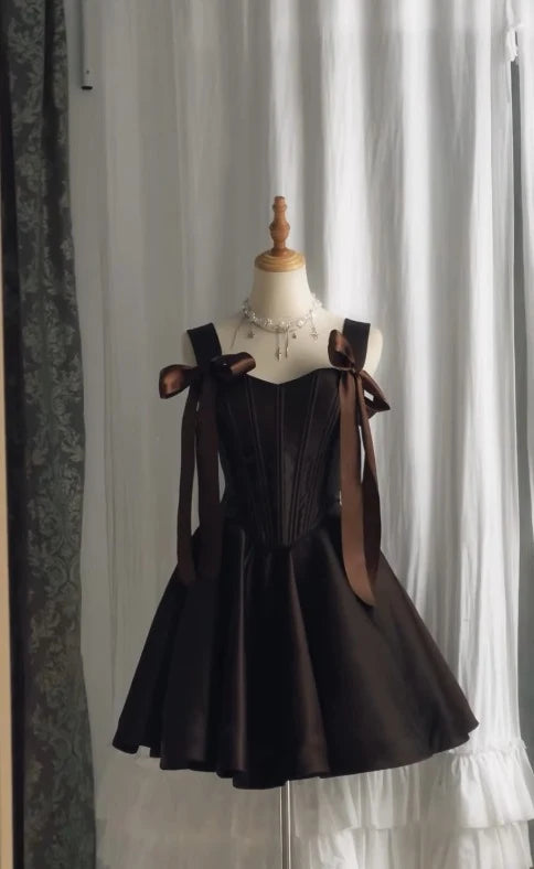 Elegant A-Line Sweetheart Tie-Shoulder Corset Dark Brown Mini Homecoming Dress
