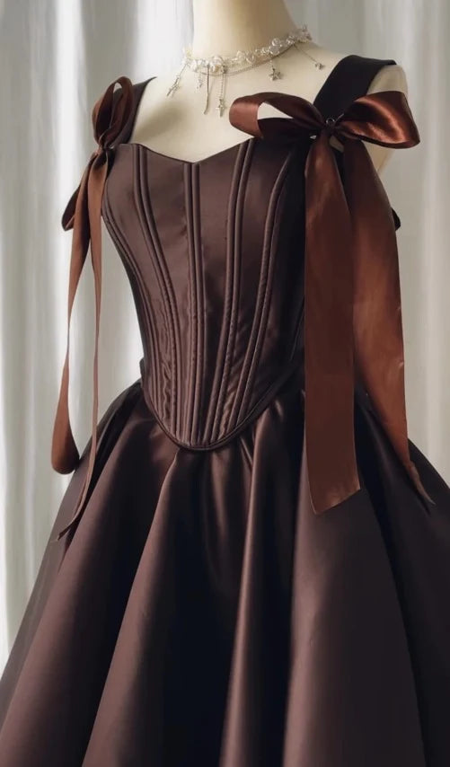 Elegant A-Line Sweetheart Tie-Shoulder Corset Dark Brown Mini Homecoming Dress