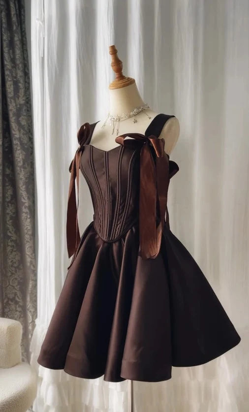 Elegant A-Line Sweetheart Tie-Shoulder Corset Dark Brown Mini Homecoming Dress