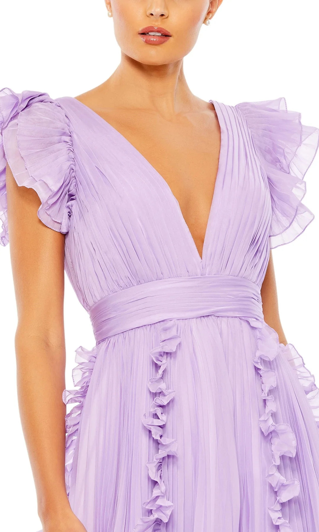 Elegant A-Line V-Neck Cap-Sleeve Pleated Ruffled Lilac Maxi Prom Dresses Gown
