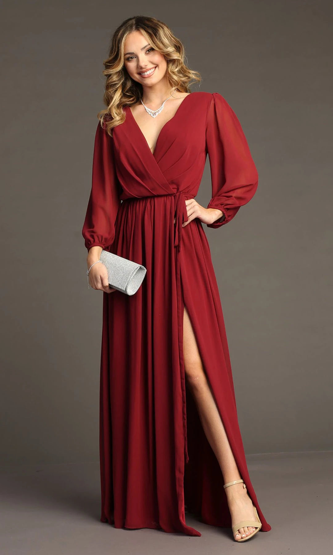 Elegant A-Line V-Neck Long-Sleeve Wrap Slit Burgundy Prom Dresses Women Gown