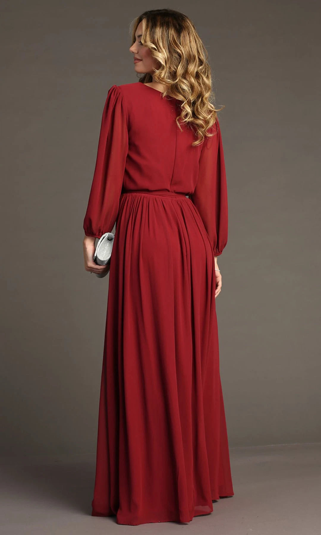 Elegant A-Line V-Neck Long-Sleeve Wrap Slit Burgundy Prom Dresses Women Gown