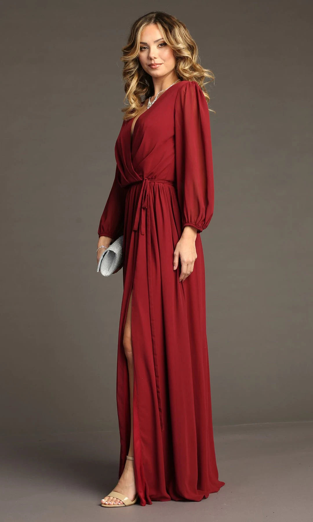 Elegant A-Line V-Neck Long-Sleeve Wrap Slit Burgundy Prom Dresses Women Gown
