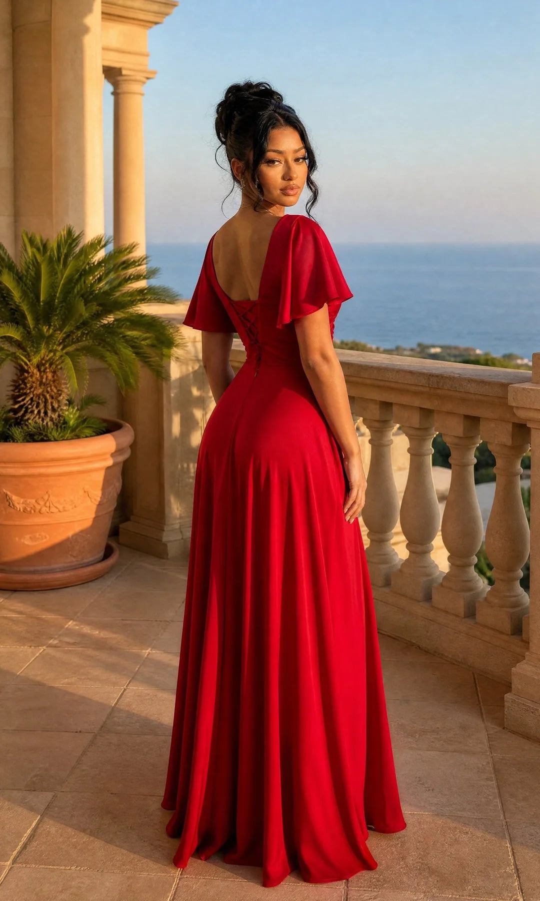 Elegant A-Line V-Neck Sleeved Ruched Slit Red Long Prom Dresses Women Gown
