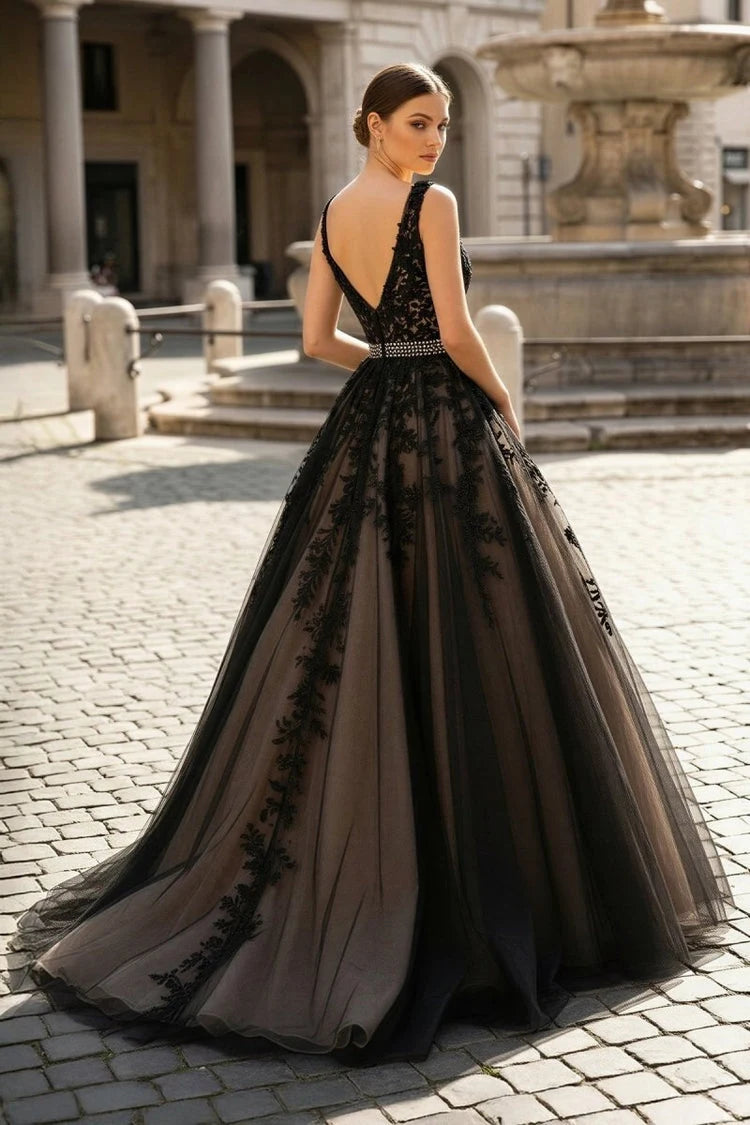 Elegant A-Line V-Neck Sleeveless Beaded Lace Black Floor-Length Prom Dresses Women's Gown