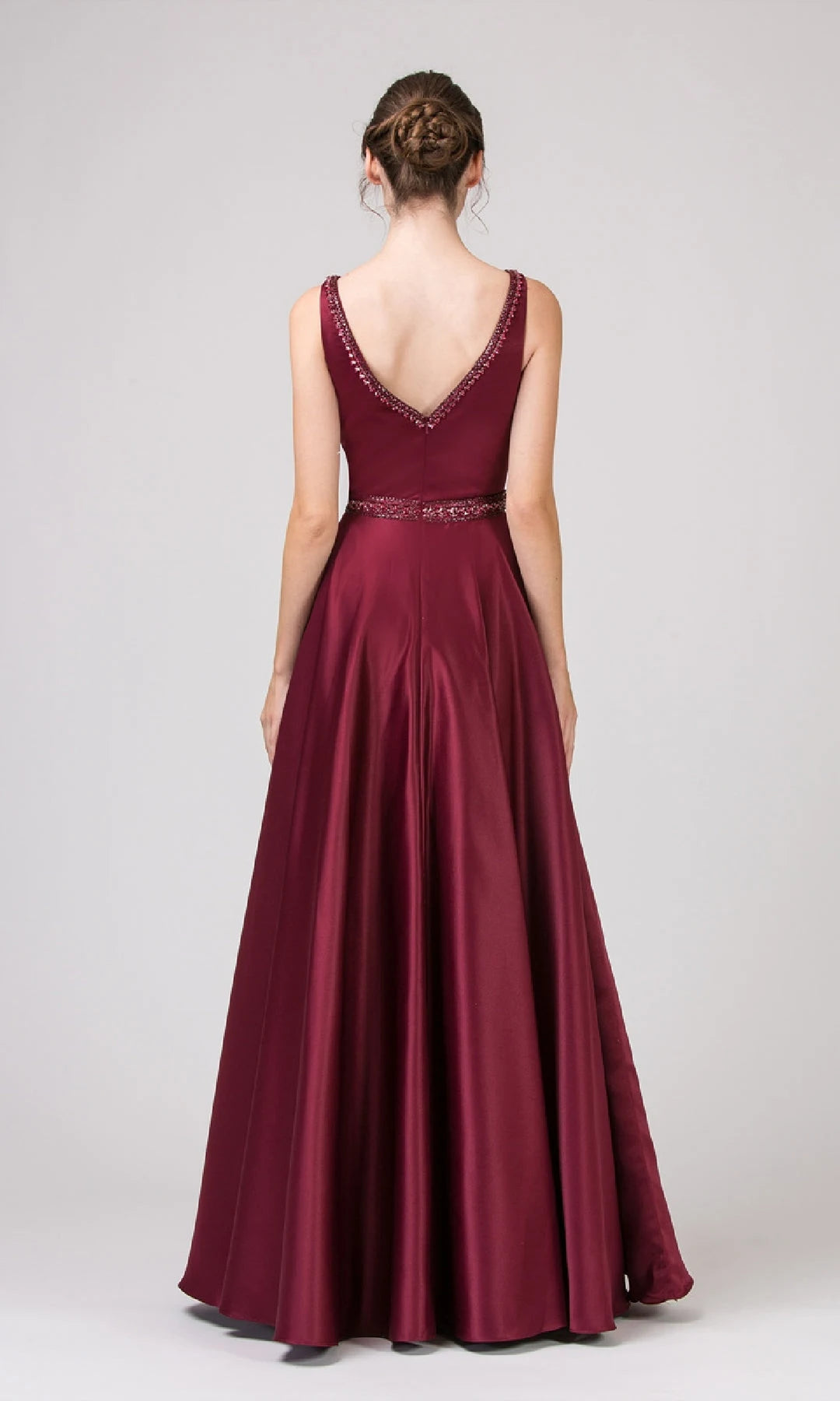 Elegant A-Line V-Neck Sleeveless Beaded Pleated Burgundy Long Prom Dresses Women Gown