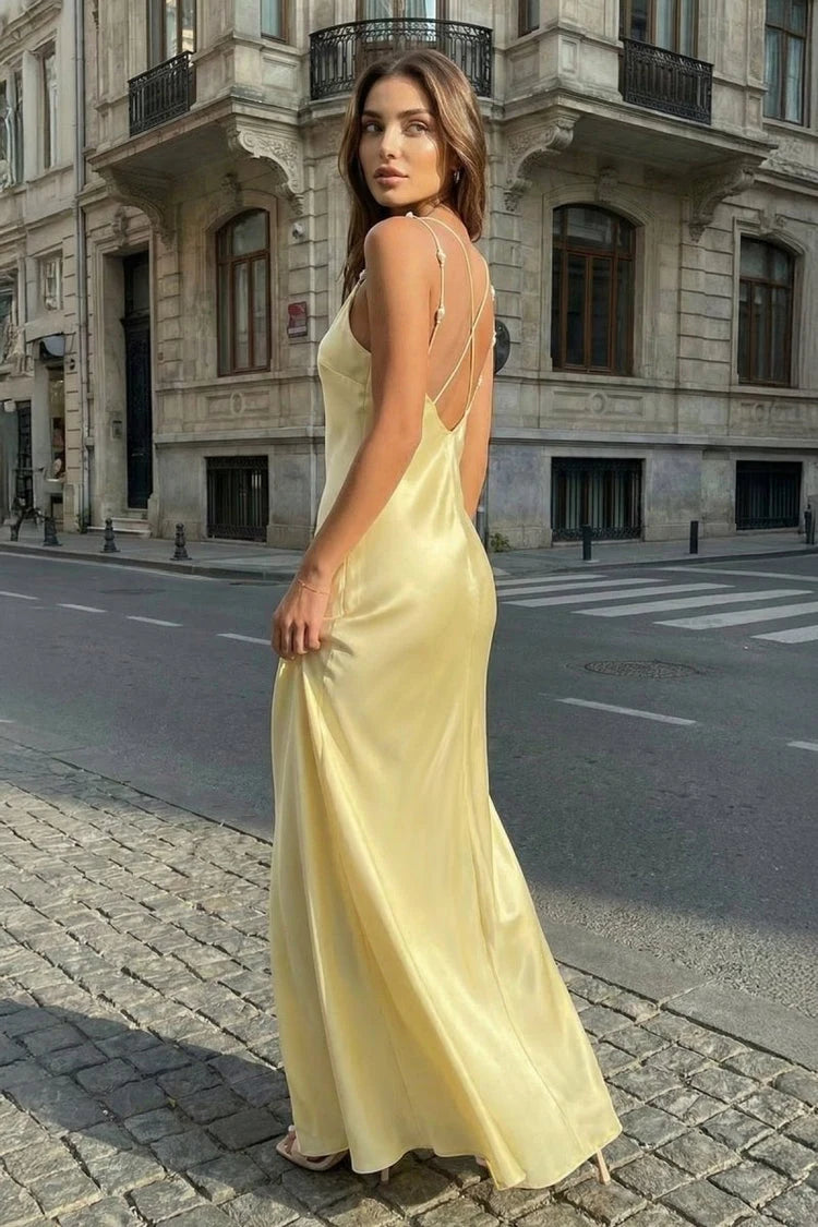 Elegant A-Line V-Neck Sleeveless Criss-Cross Back Pale Yellow Maxi Prom Dress