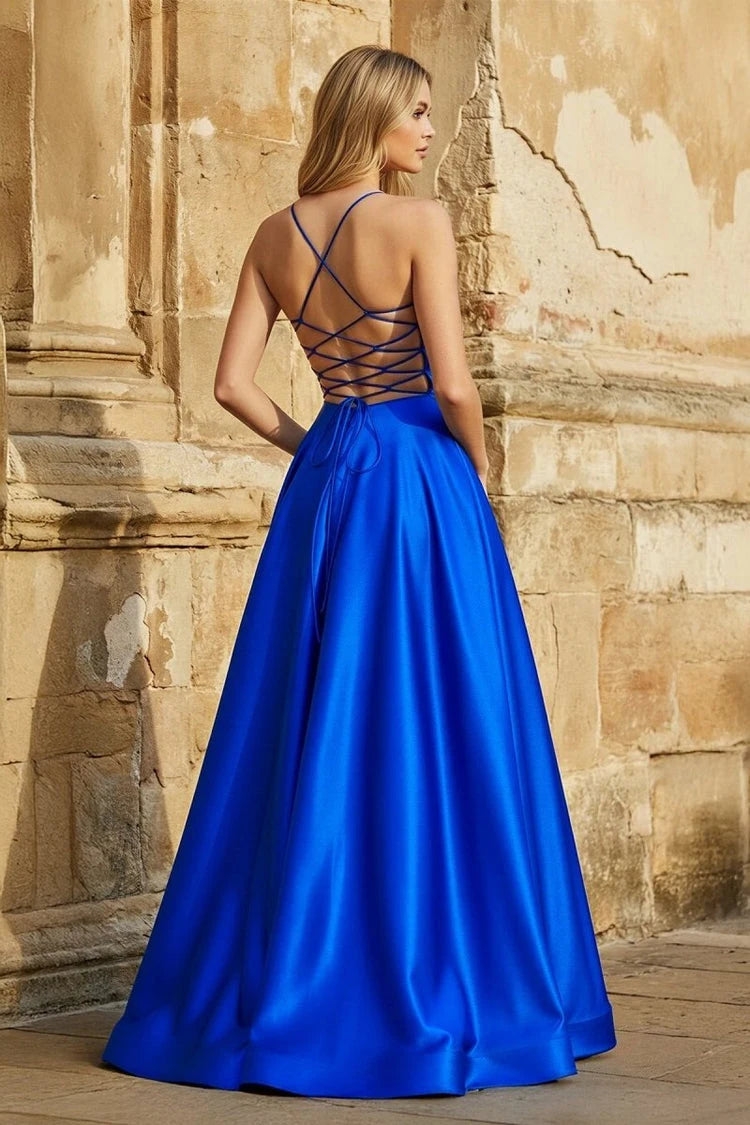 Elegant A-Line V-Neck Sleeveless Criss-Cross Royal Blue Floor-Length Prom Gown
