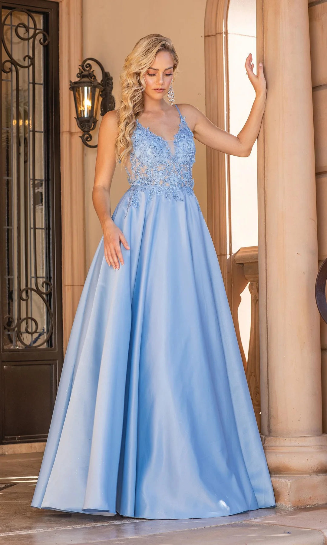 Elegant A-Line V-Neck Sleeveless Embroidered Light Blue Floor-Length Prom Gown
