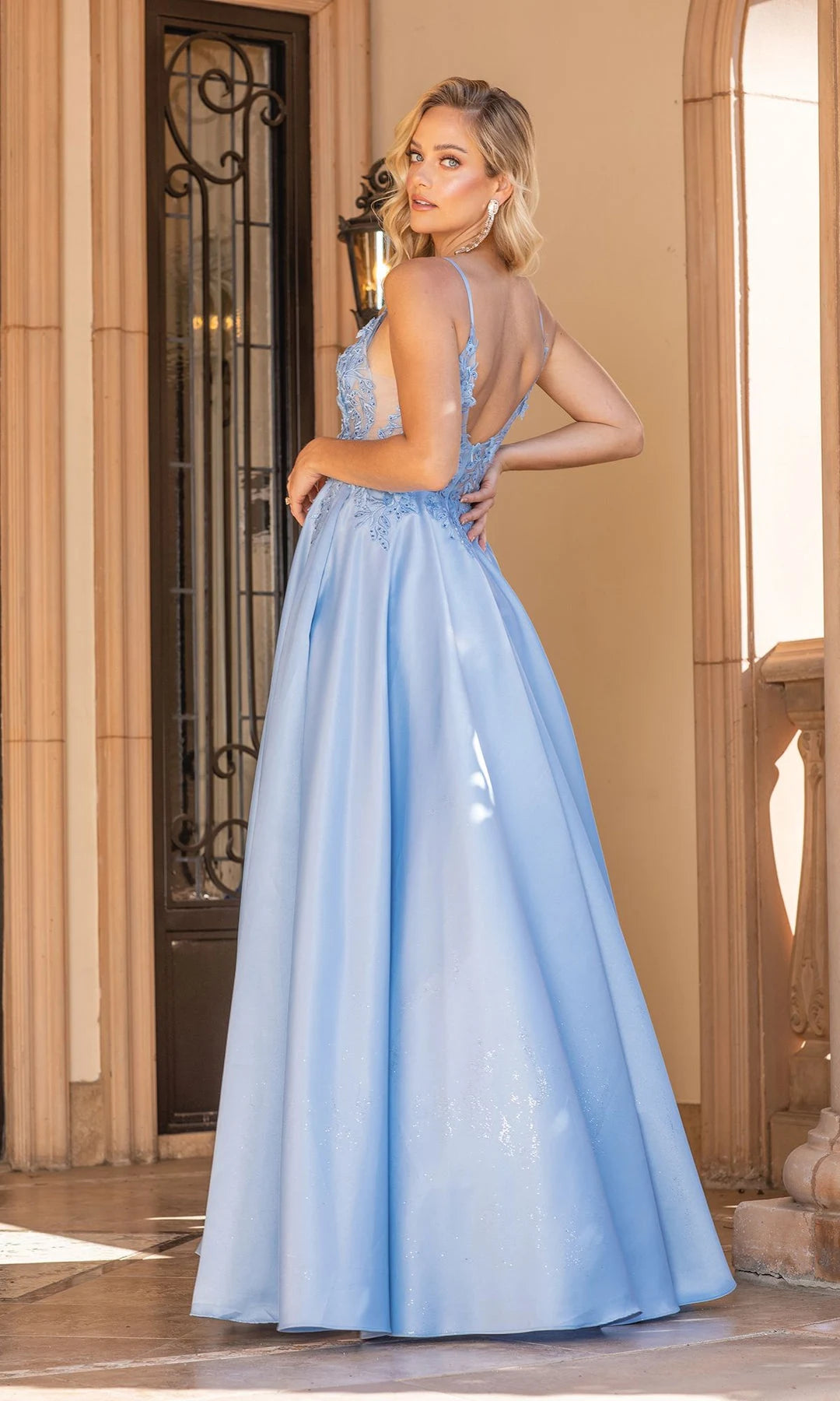Elegant A-Line V-Neck Sleeveless Embroidered Light Blue Floor-Length Prom Gown