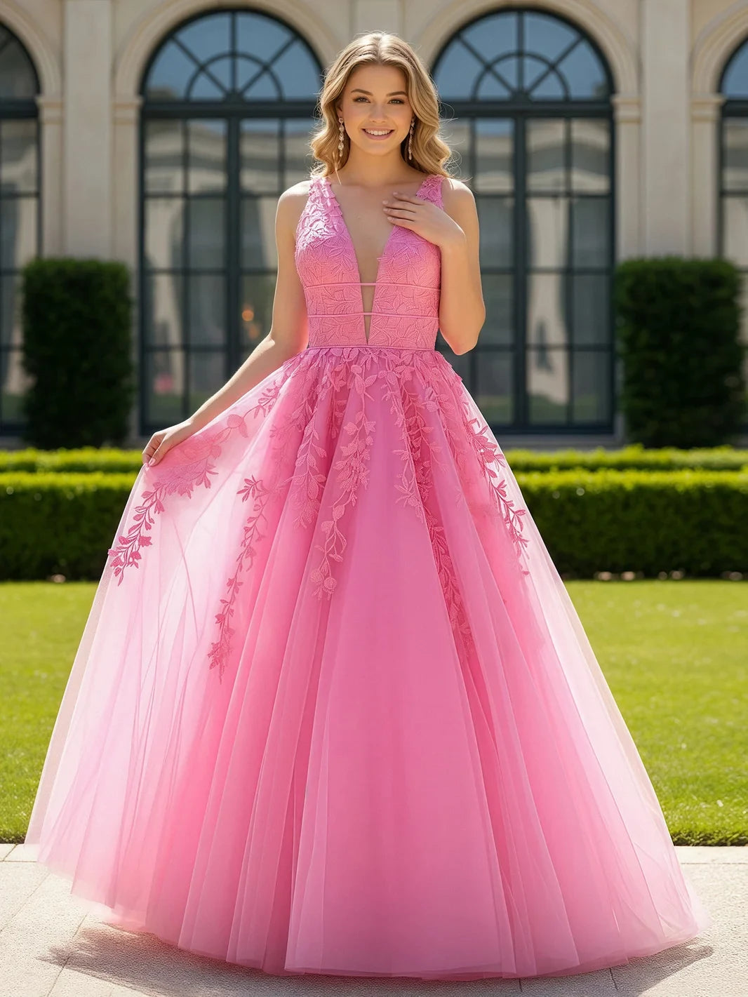 Elegant A-Line V-Neck Sleeveless Embroidered Pink Floor-Length Prom Gown