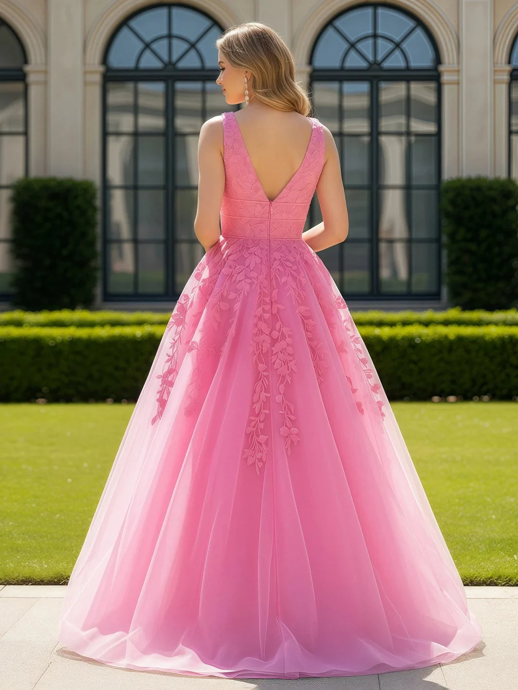 Elegant A-Line V-Neck Sleeveless Embroidered Pink Floor-Length Prom Gown