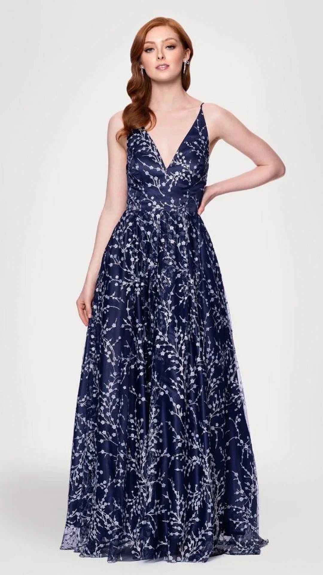 Elegant A-Line V-Neck Sleeveless Floral Embroidered Navy Floor-Length Prom Dresses Women Gown