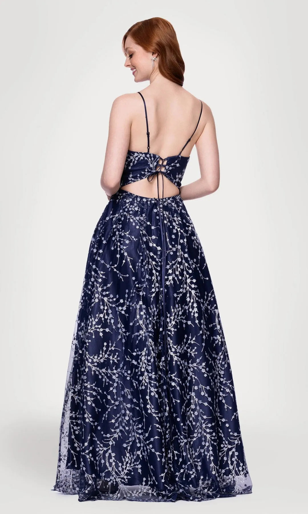 Elegant A-Line V-Neck Sleeveless Floral Embroidered Navy Floor-Length Prom Dresses Women Gown