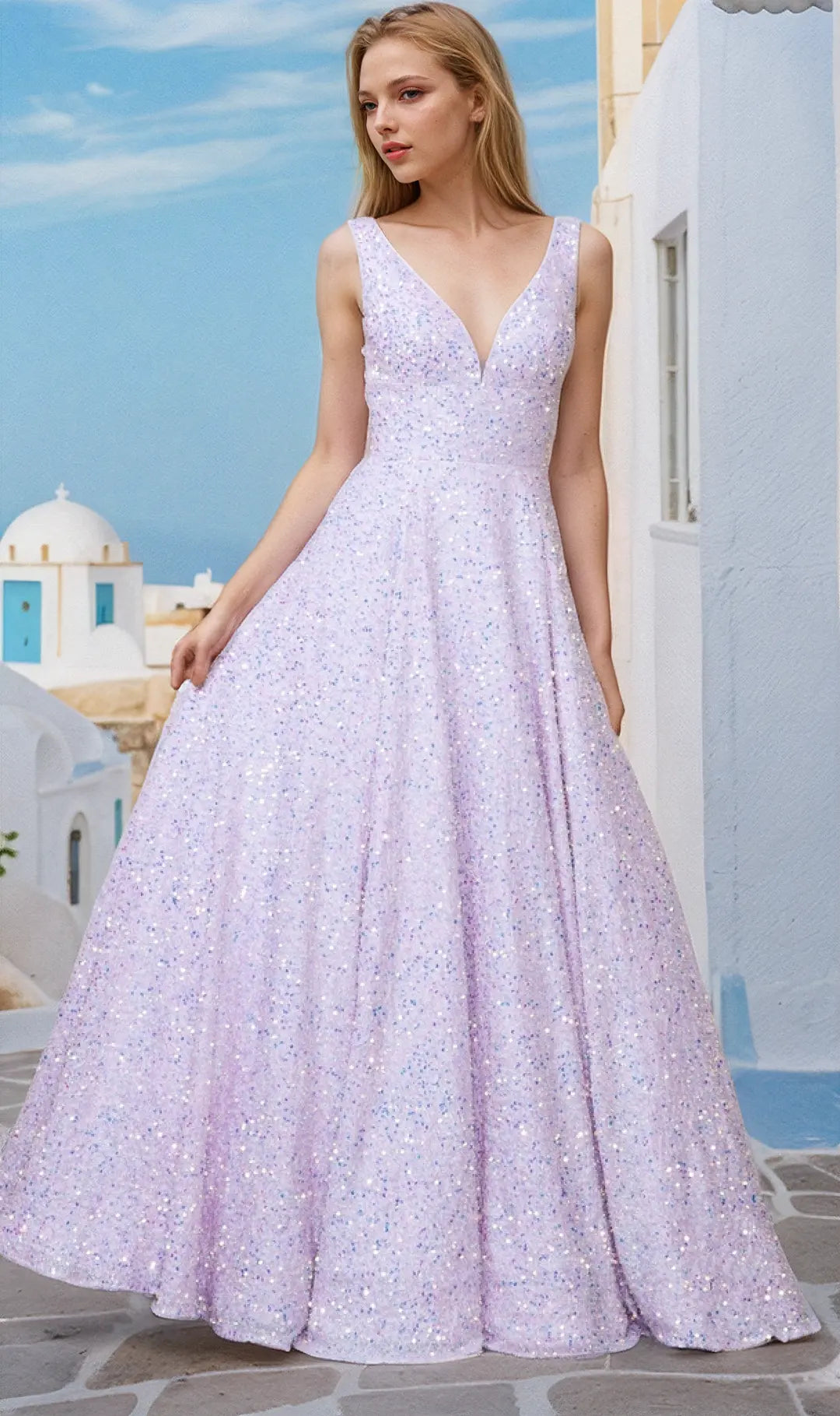 Elegant A-Line V-Neck Sleeveless Glitter Backless Lilac Long Prom Dresses Women