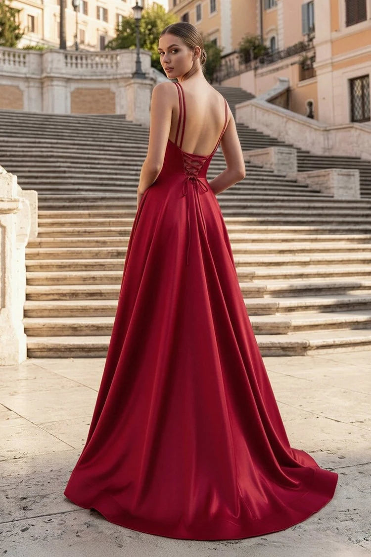 Elegant A-Line V-Neck Sleeveless High Slit Burgundy Floor-Length Prom Dress