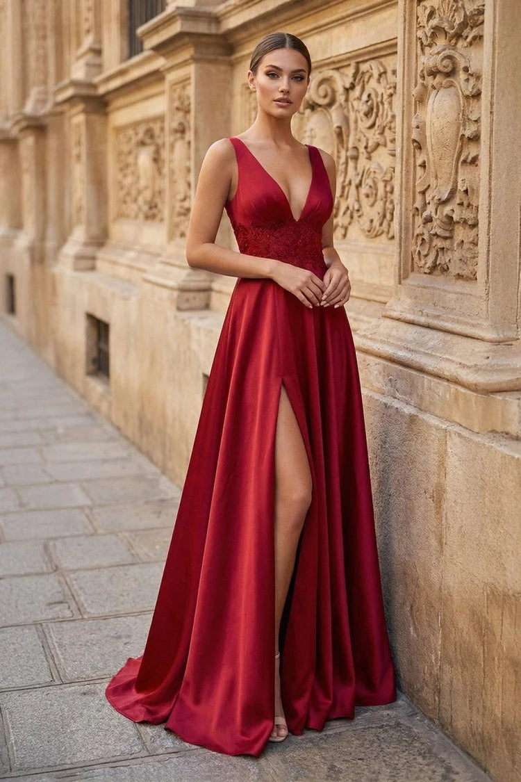 Elegant A-Line V-Neck Sleeveless High Slit Burgundy Floor-Length Prom Dress Gown