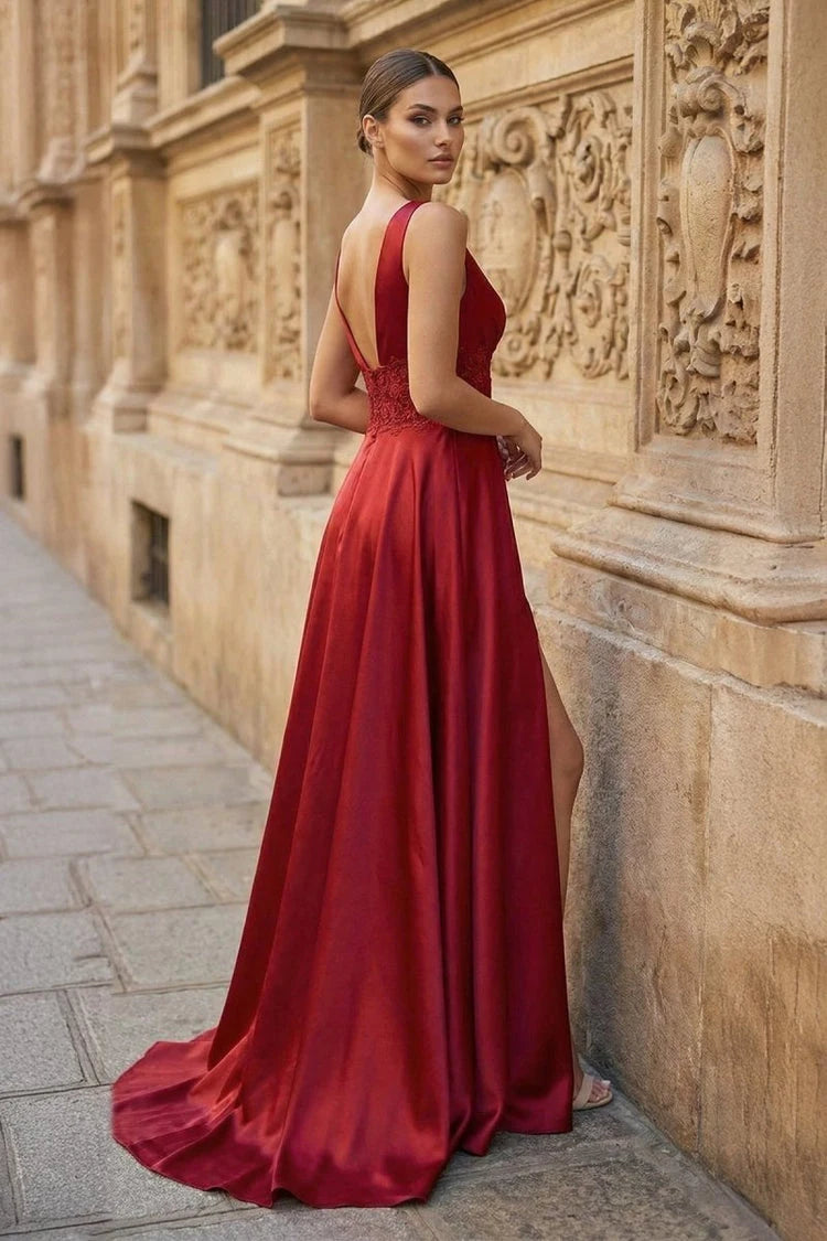 Elegant A-Line V-Neck Sleeveless High Slit Burgundy Floor-Length Prom Dress Gown
