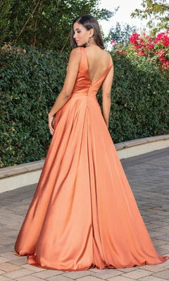 Elegant A-Line V-Neck Sleeveless High Slit Terracotta Floor-Length Prom Gown