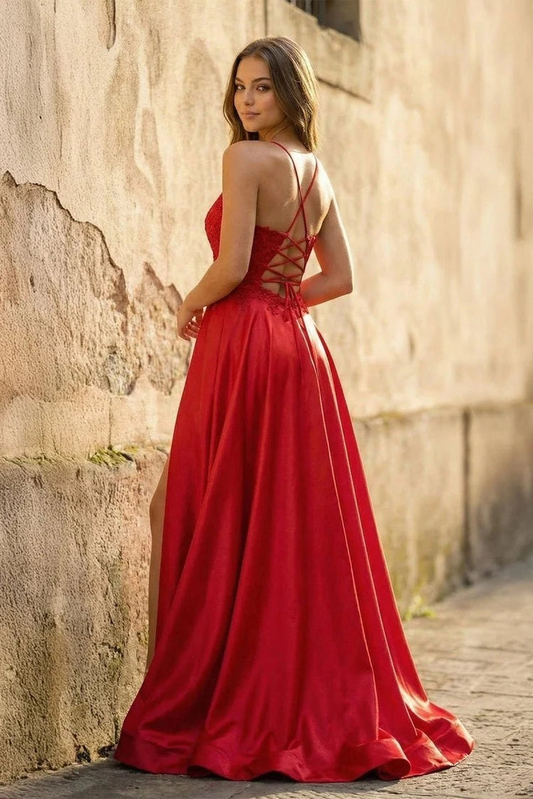 Elegant A-Line V-Neck Sleeveless Lace Slit Red Floor-Length Prom Gown