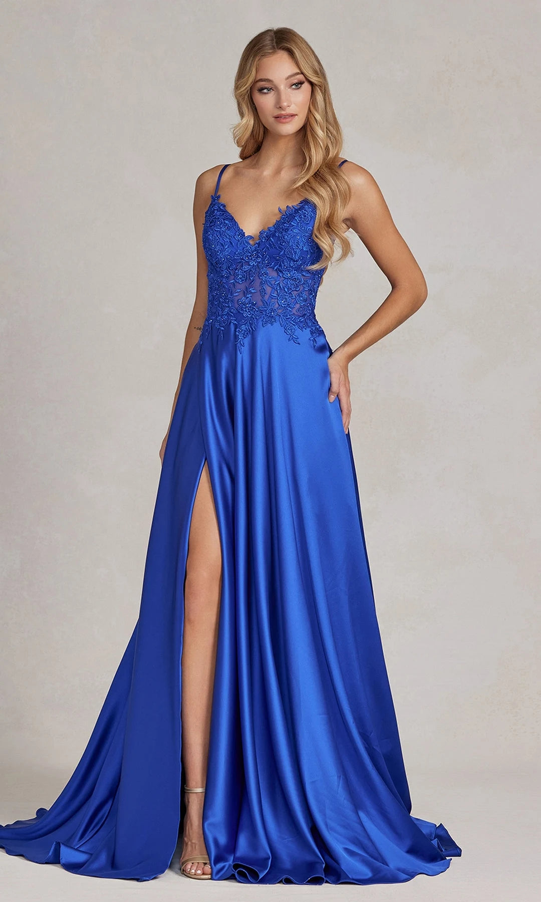 Elegant A-Line V-Neck Sleeveless Lace Slit Royal Blue Floor Length Prom Dresses Women Gown