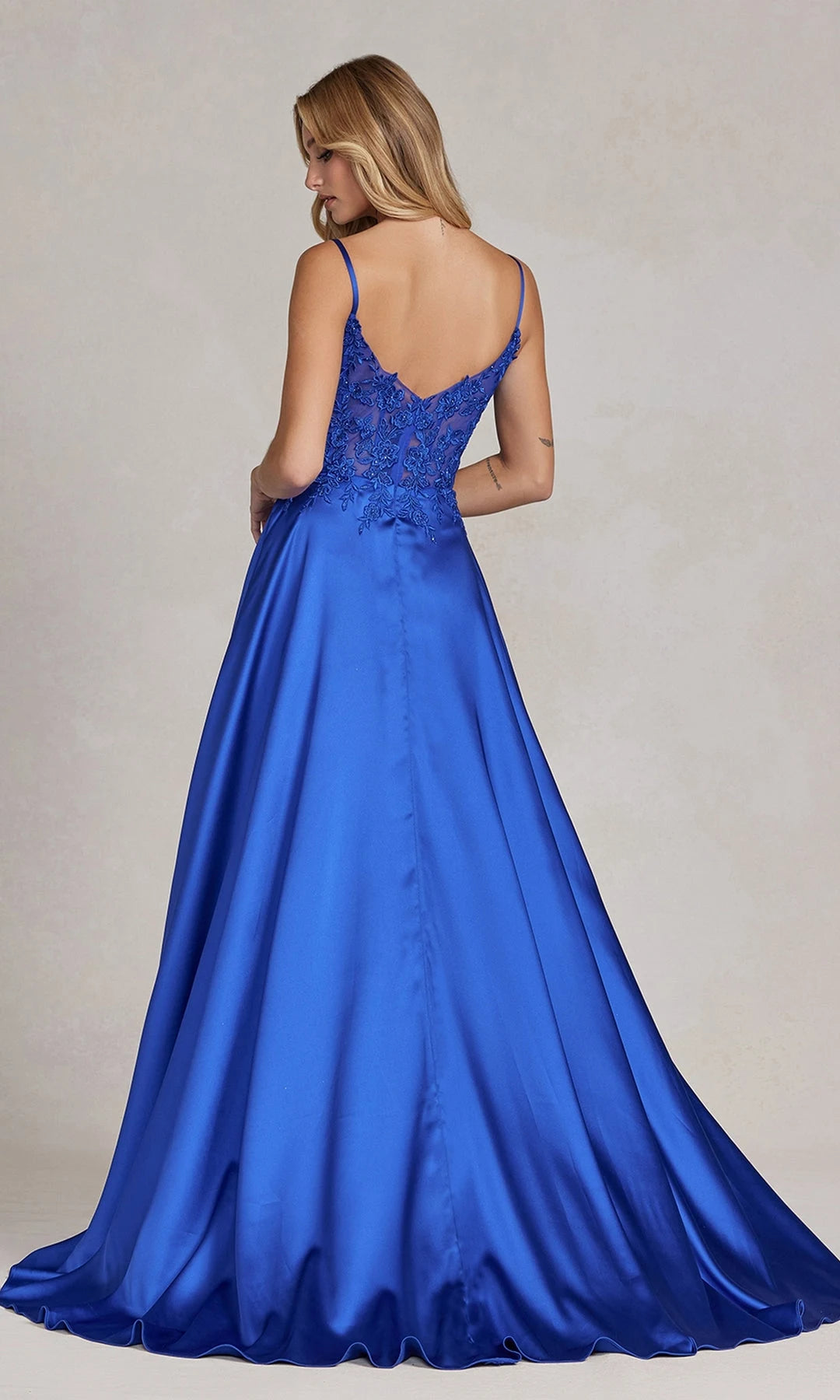Elegant A-Line V-Neck Sleeveless Lace Slit Royal Blue Floor Length Prom Dresses Women Gown