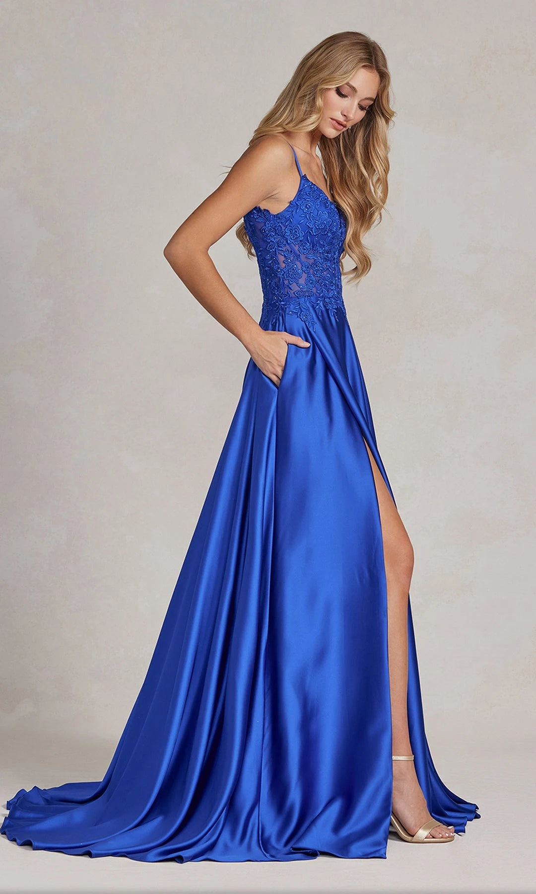 Elegant A-Line V-Neck Sleeveless Lace Slit Royal Blue Floor Length Prom Dresses Women Gown