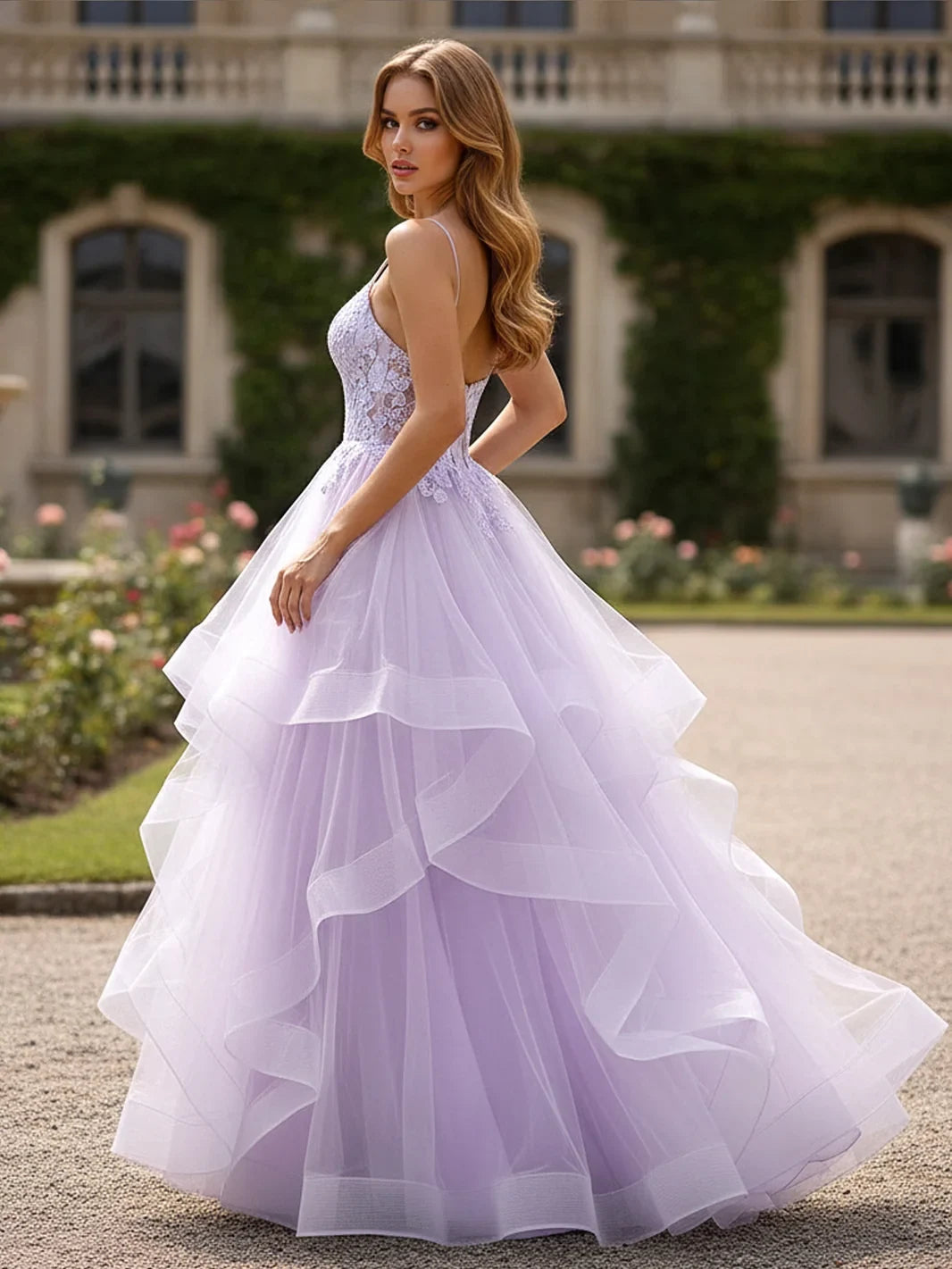 Elegant A-Line V-Neck Sleeveless Ruffled Embellished Lavender Floor-Length Prom Dress for Women