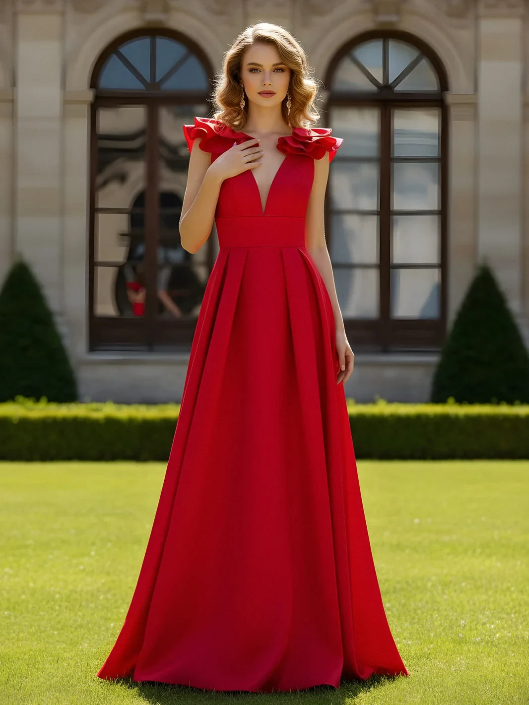 Elegant A-Line V-Neck Sleeveless Ruffled Red Floor-Length Prom Dress Gown