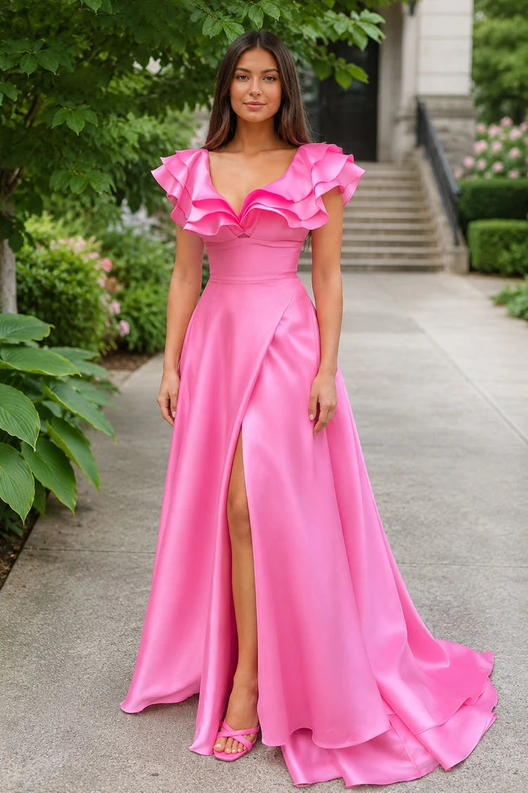 Elegant A-Line V-Neck Sleeveless Ruffled Slit Hot Pink Floor-Length Prom Gown