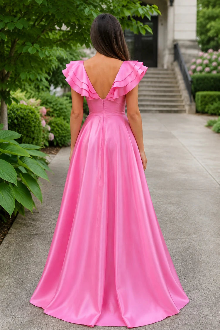 Elegant A-Line V-Neck Sleeveless Ruffled Slit Hot Pink Floor-Length Prom Gown