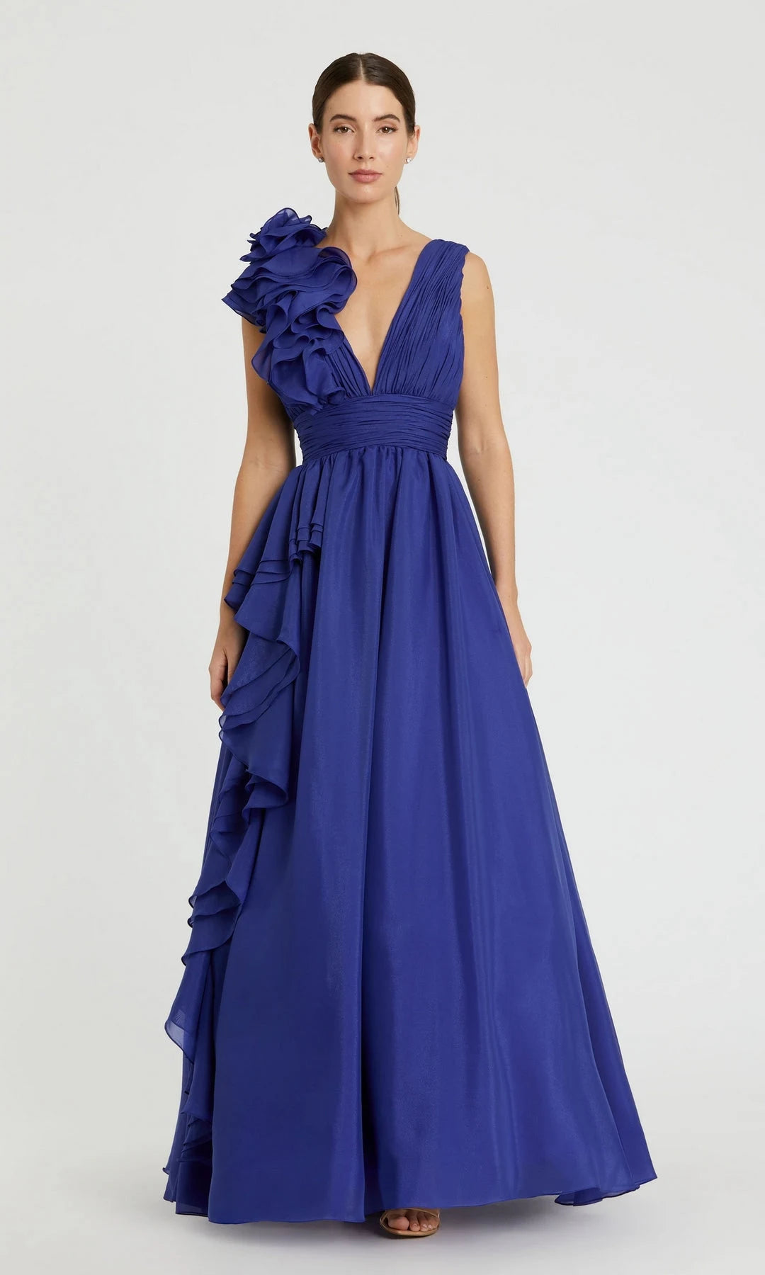 Elegant A-Line V-Neck Sleeveless Ruffled Tiered Blue Long Prom Dresses Women