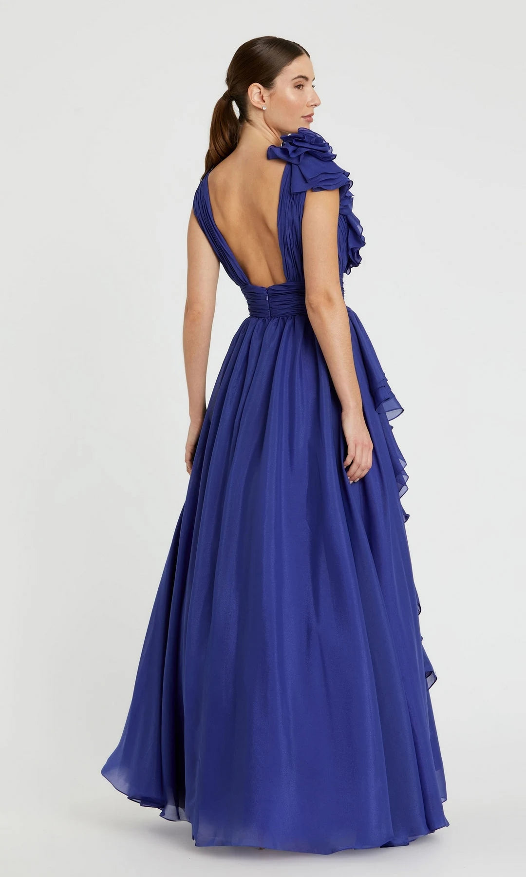 Elegant A-Line V-Neck Sleeveless Ruffled Tiered Blue Long Prom Dresses Women