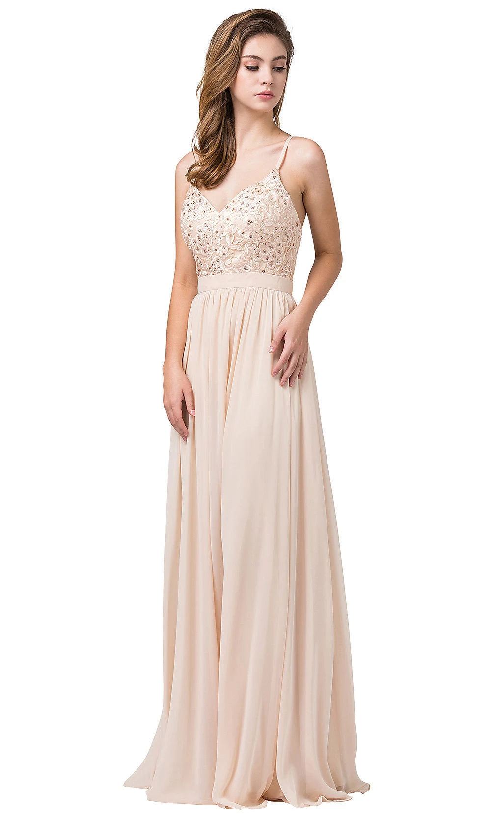 Elegant A-Line V-Neck Sleeveless Sequin Strappy Champagne Long Prom Dresses Gown