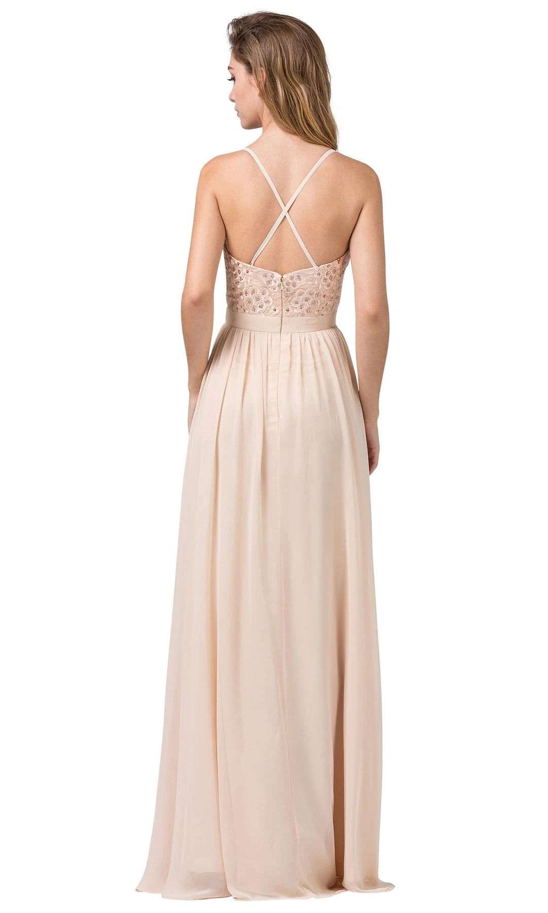 Elegant A-Line V-Neck Sleeveless Sequin Strappy Champagne Long Prom Dresses Gown