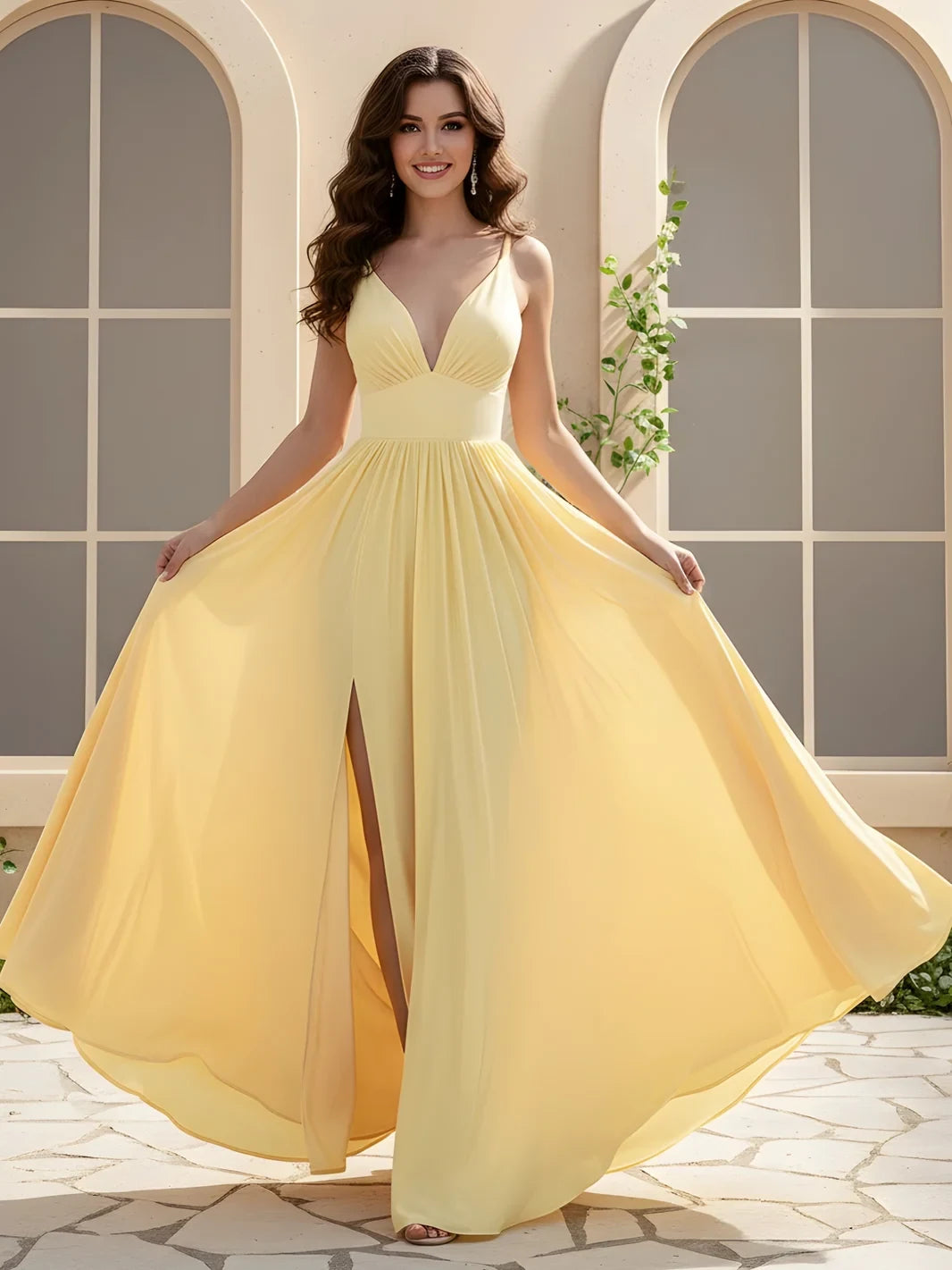 Elegant A-Line V-Neck Sleeveless Slit Yellow Floor-Length Prom Gown